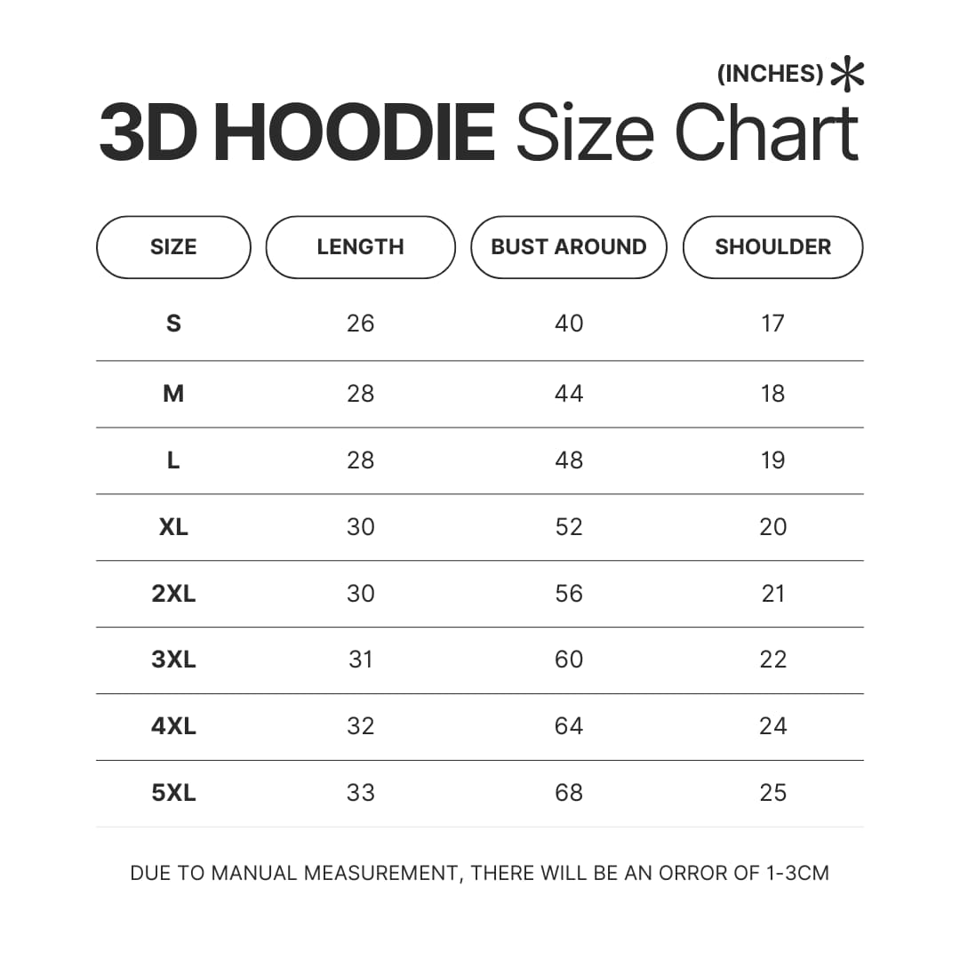 3D Hoodie Size Chart - High School DxD Merch